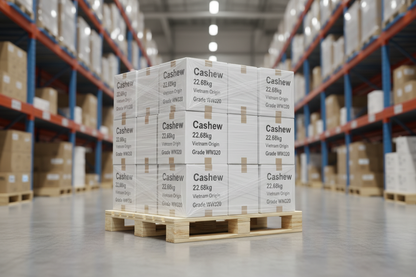 "Image of multiple wholesale cartons stacked neatly on a wooden pallet, shrink-wrapped and ready for bulk dispatch. Clean warehouse background, bright lighting, industrial yet premium look. Ideal for ecommerce wholesale product page." 

Please print Cashew, 22.68kg and Vitenam origin and grade WW320 on each cartons. 